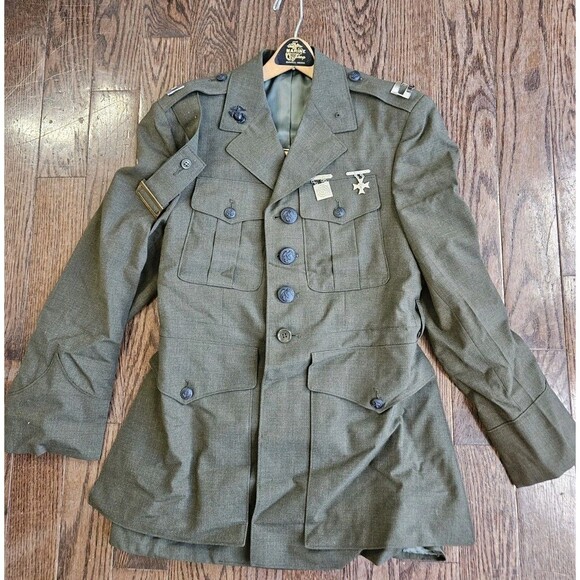 USMC US Marine Corps Officers Service Dress Belted Green Uniform Saco 37S, 29S - Picture 2 of 16